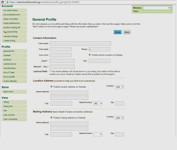 Screenshot showing the profile page on Local Harvest.